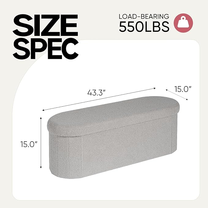 43 Inches Oval Ottoman with Storage, Boucle Sherpa Storage Ottoman Bench, Folding Foot Rest Chest for Bedroom Living Room
