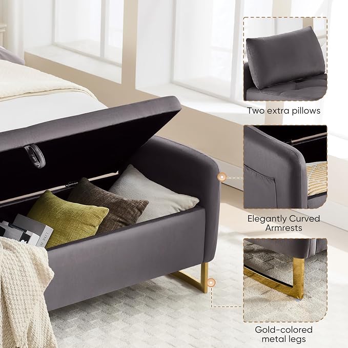 65" End of Bed Storage Bench, Modern Storage Benches for Foot with Tufted Button and Gold Legs, Upholstered Window Bedroom Benches with Armrests, Dark Grey