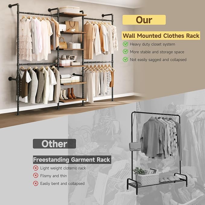 T1 Wall Mounted Closet System, Industrial Pipe Clothing Rack with 6 Wooden Shelves & 4 Telescopic Rods, Heavy Duty Closet Organizers and Storage in Wardrobe Closet (Rustic Brown)