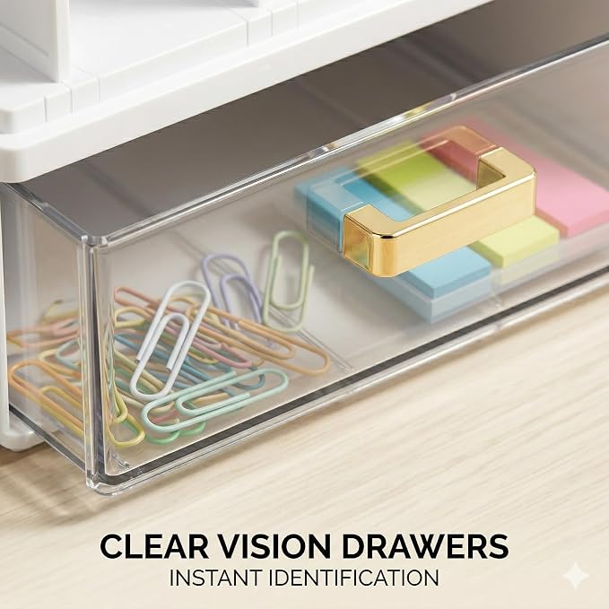 CiWiVOKi Desk Organizer with 4 File Slots and 2 Drawers, White | Desktop organizer with dual pen holders for storing files, mail, notebooks and office supplies in home or office use