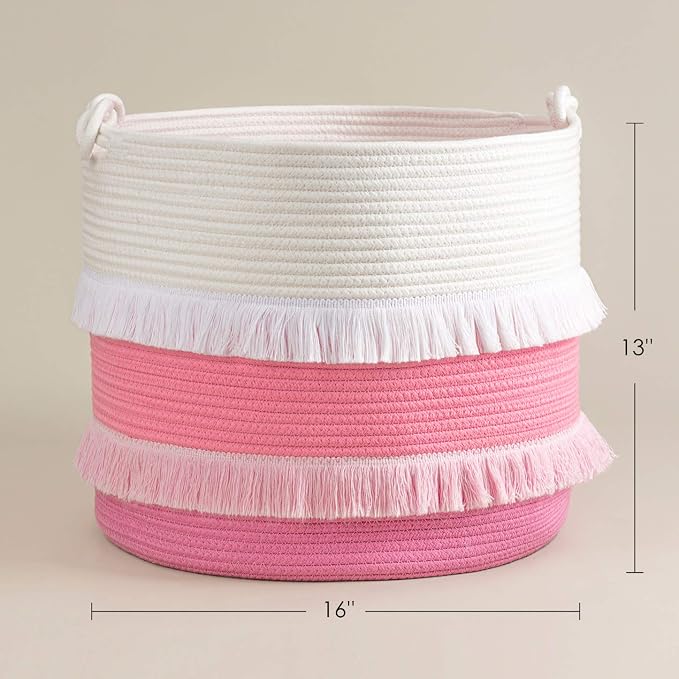 CherryNow 45L Woven Rope Baby Basket with Tassel, 16" x 13", Pink | Decorative Boho Laundry Basket for Blankets & Towels Storage, Fits Living Room & Nuesery Home Decor, with Knotted Handles