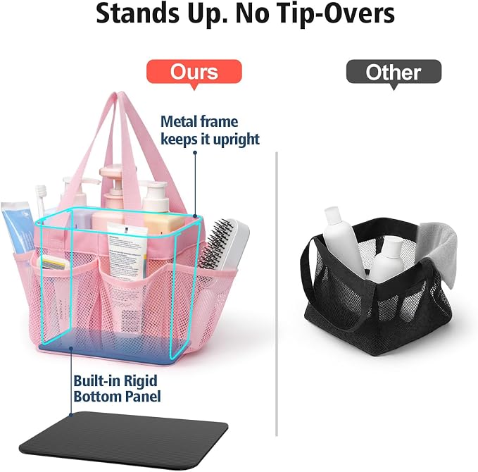 F-color Mesh Shower Caddy Portable - Stand Up 8 Pockets for Dorm, Pink | Stand Up Frame, S Hook, Collapsible Organizer, Mesh Shower Bag Bathroom Tote for College Dorm, Camping, Gym, Travel