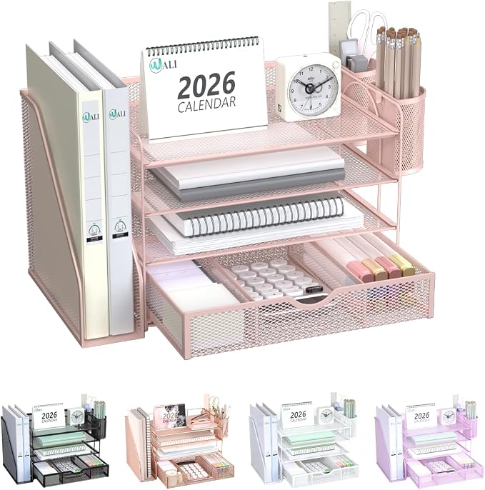 WALI Desk File Organizer, 4 Tier Desktop Paper Letter Tray Organizer with Drawer and 2 Pen Holders, Office Desk Accessories & Workspace Organizers for Office, Home Supplies(DO005DH-P), 1 Pack, Pink