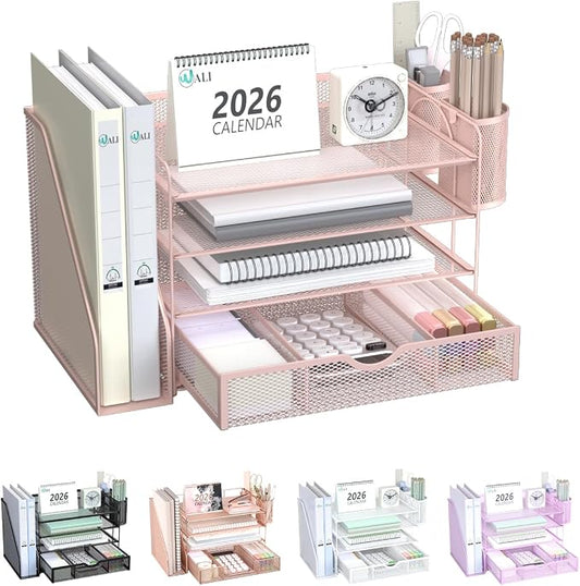 WALI Desk File Organizer, 4 Tier Desktop Paper Letter Tray Organizer with Drawer and 2 Pen Holders, Office Desk Accessories & Workspace Organizers for Office, Home Supplies(DO005DH-P), 1 Pack, Pink