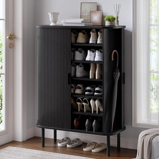 ONBRILL 6-Tier Shoe Cabinet with Sliding Door, Wooden Shoe Storage Cabinet with Adjustable Shelves, Mid-Century Modern Freestanding Shoe Storage Organizer for Entryway, Hallway, Living Room, Black