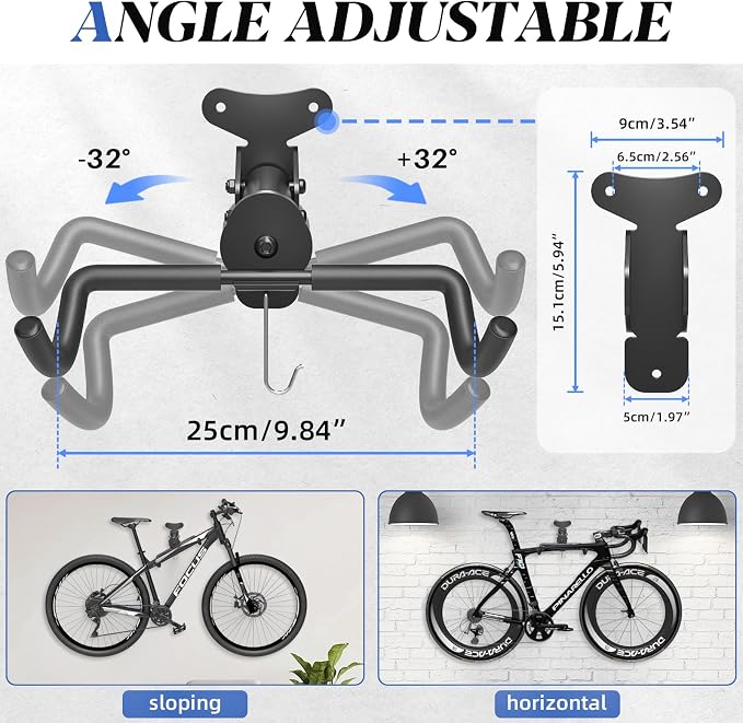 Goovilla Bike Wall Mount Hanger for Mountain/Road/Hybrid Bikes,1Pack Black | Adjustable - Space Saving Horizontal Bicycle Rack | Secure Home Garage Storage with Easy Installation | Cycling Holder Hook