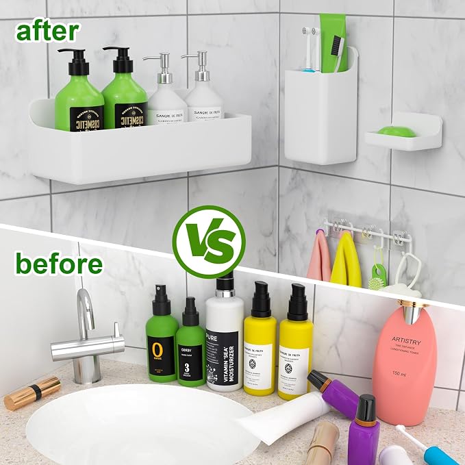 Adhesive Shower Caddy Shower Shelves Bathroom Organizer and Storage | 6 Pack，Rustproof，No Drilling，with Soap Holder，Clear，Acrylic， Large Capacity，Removable and Reusable，Plastics，Wall-Mounted