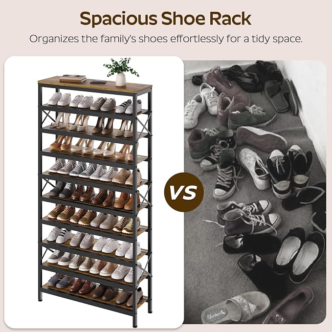 10-Tier Tall Shoe Rack Organizer, Wooden Shoe Storage for Closet Holds 40 Pairs, Sturdy Shoe Shelf with X-Shaped Metal Support, for Entryway, Bedroom, Rustic Brown and Black SS210BR