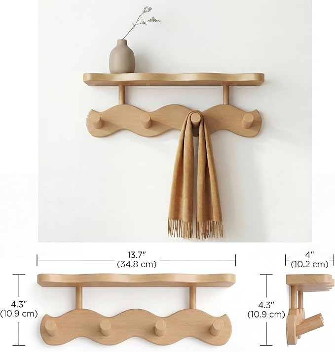 Wave-Shaped Bamboo Coat Rack Wall Mount with Shelf - Modern 4-Hook Rack | Modern Sculptural Wave Decor, Organic Wood Wall Mounted Rack with Storage Shelf, Heavy-Duty Hanging for Entryway & Bedroom