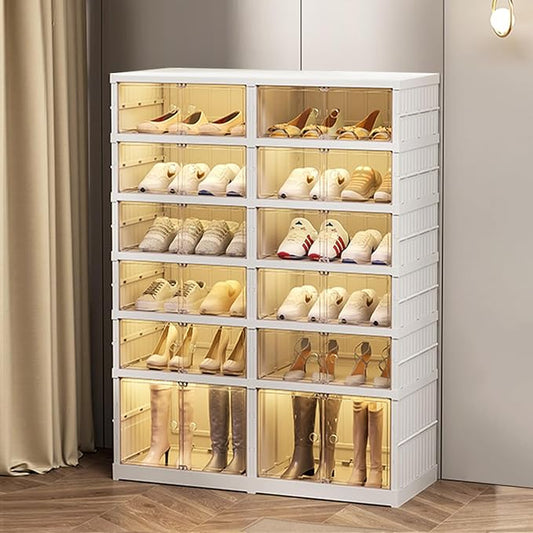 SYNCVIBE Shoe Rack Organizer for Closet Entryway Foldable Sneaker Storage Shoe, Collapsible Shoe Cabinet, Stackable Shoe Storage Cabinet with Lids for Living Room (6 Tiers 24 Pairs)