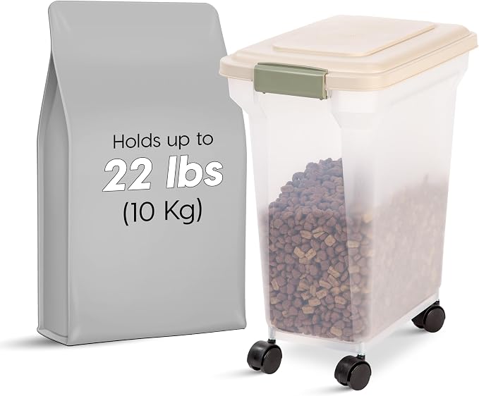 IRIS USA Dog Food Storage Container, Up to 22 lbs, Almond, Made in USA | Wheels for Mobility, Airtight Seal, BPA-Free, Best for Cat Food, Bird Seed, Chicken Feed, Pet Toys, Treats, Pellets