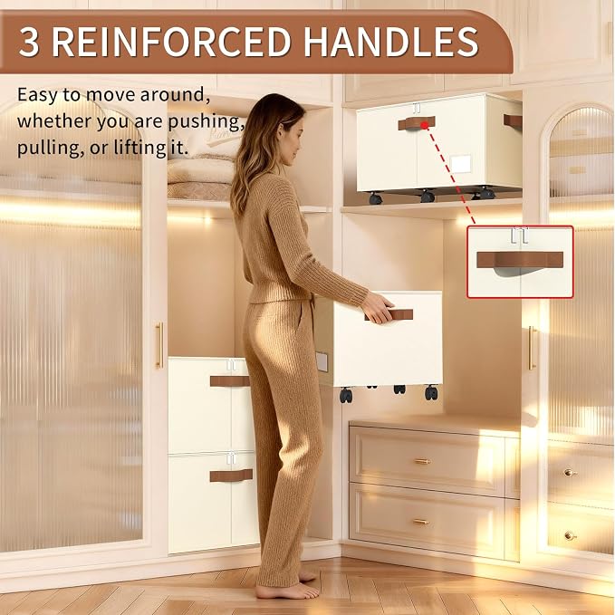 Foyego 2 Pack Shoe Organizer for Closet, Shoe Storage with Wheels, Beige | Fits 48 Pairs, with Adjustable Dividers and Clear Cover, Saving Space Foldable Fabric Closet Shoe Storage Organizer Box Bins