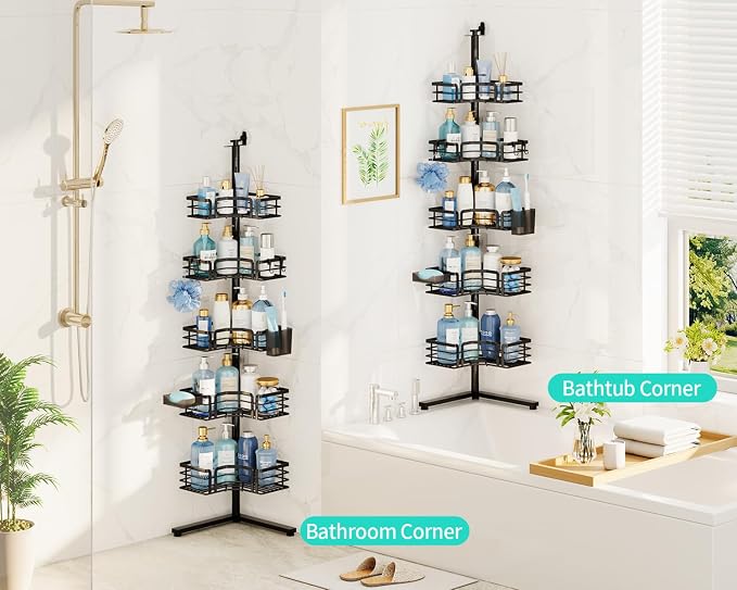 HapiRm Corner Shower Caddy Stand - 5-Tier Adjustable Shower Shelves, Black | Rustproof Stainless Steel, 4 Hooks, Soap and Toothbrush Holders, Large Capacity Shower Organizer for Tall Bottles, No-drill