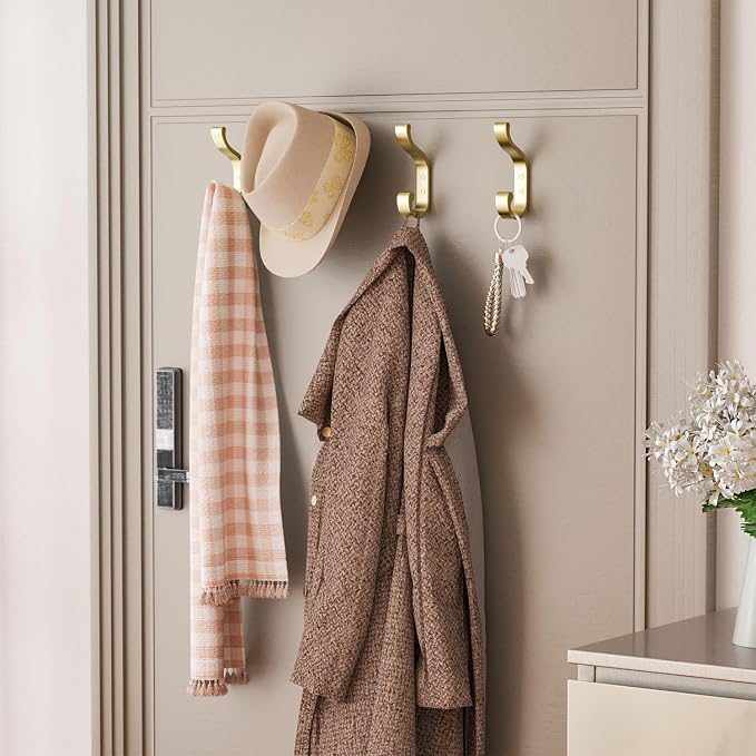 Gold Wall Hooks for Hanging Coats: Metal Mount - Large Heavy Duty (30 Lb) - Screw In - Mudroom for Clothes, Backpack, Purse, Bathroom Towel, 6 Pack