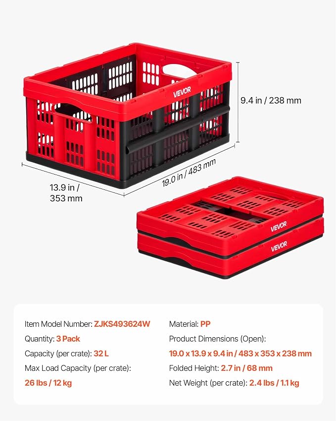 VEVOR Plastic Collapsible Storage Bins, 32L 3 Packs, Stackable Folding Storage Crates with Handles, Holds 26 lbs Per Bin, Foldable Heavy Duty Containers, Space-Saving Baskets, for Home Organizing
