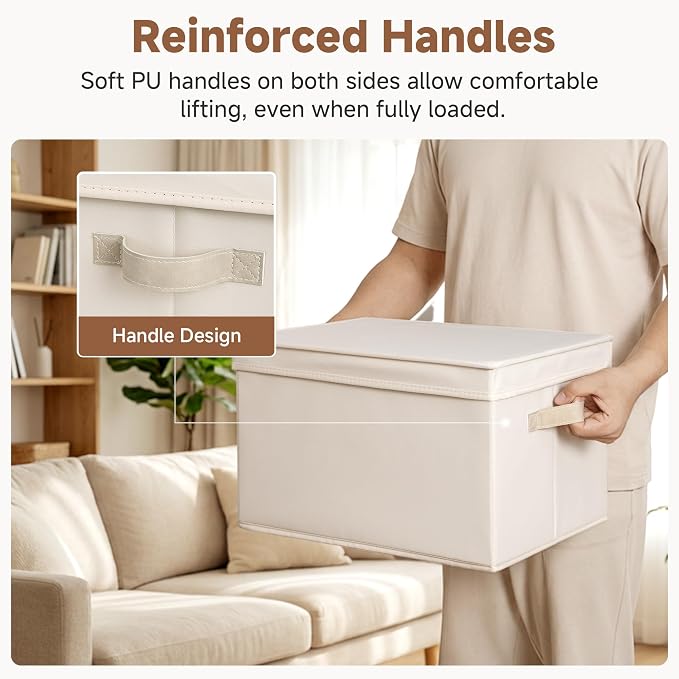 StorageWorks Fabric Storage Bins with Lids, Decorative Storage Bins with PU Handles, Foldable Storage Baskets for Closet, Shelves, Stackable and Sturdy Organization, Beige(Cotton Linen), Jumbo, 3-Pack
