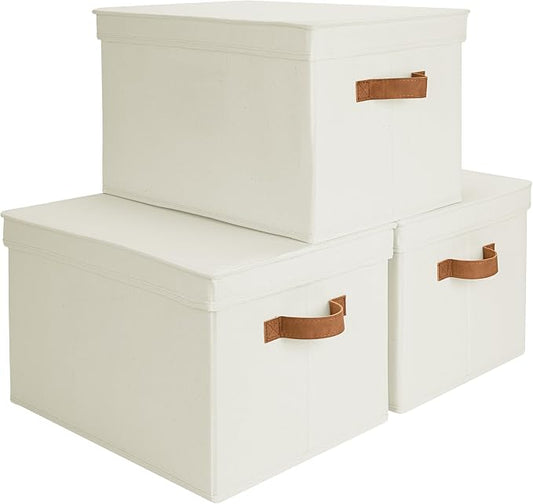 StorageWorks Storage Bins with Lids, Decorative Storage Boxes with Lid and PU Handles, Foldable Storage Baskets for Closet, Shelves, Stackable, Ivory, Jumbo, 3-Pack