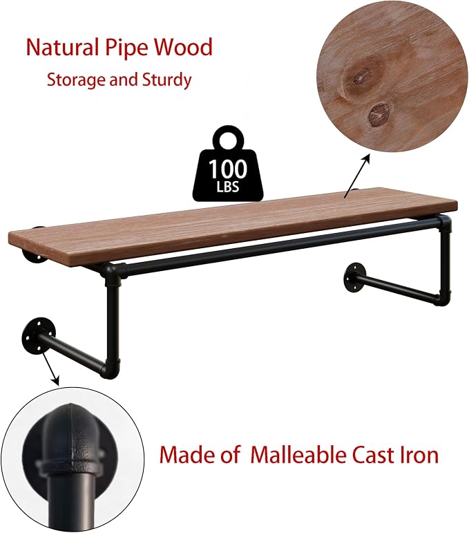 Clothes Rack 36in, Wall Mounted Garment Racks with Brown Real Wood Shelf, Heavy Duty Hanging Clothes Rack, Multi-Purpose Hanging Rod, Space-Saving Closet Storage