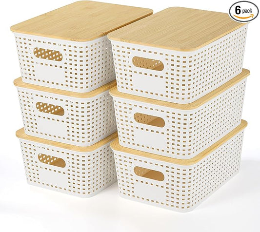 Ohmlove Plastic Storage Baskets With Bamboo Lid - Plastic Storage Containers Stackable Storage bins: Storage Baskets for Organizing Shelves Drawers Desktop Closet Playroom Classroom Office, 6 Pack