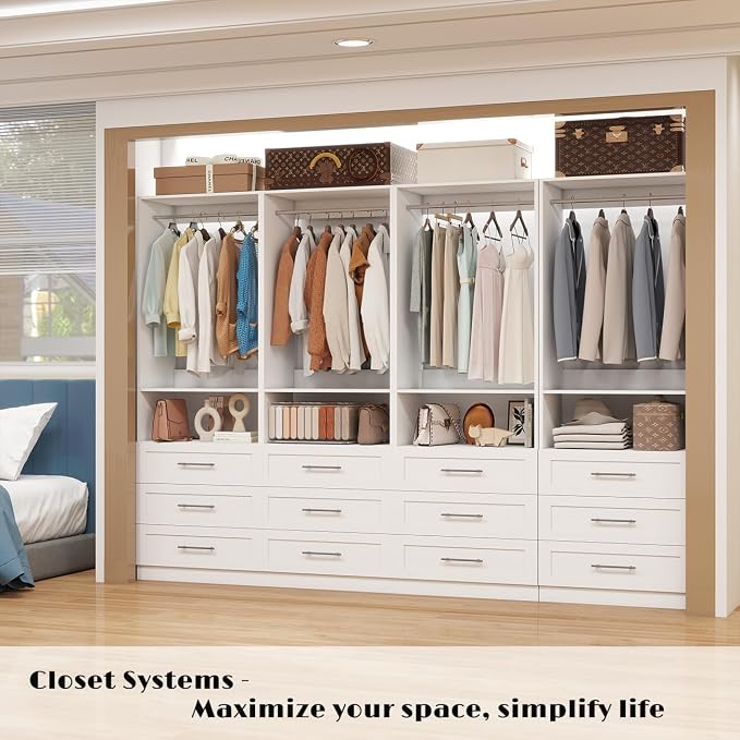 Dilando Closet System with Drawers, 2FT-5FT Closet Organizer System Walk-in Closet Corner Small Freestanding Closets Storage System with 2 Hanging Rods & Shelf White (2FT)