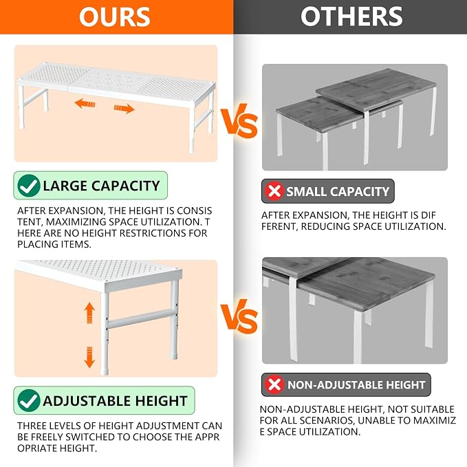 2 Pack Expandable adjustable stackable kitchen organizer,Spice Racks,Counter Shelf for Cabinets,Small Cupboard Organizers,Heavy Duty Metal Pantry Storage Shelves Racks for kitchen,cabinet, bathroom