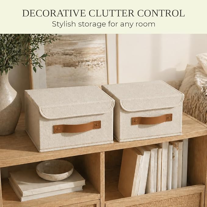 Decorative Linen Storage Boxes with Lids - Spacious Set of 2 Organizer Bins for Your Home Decor - The Perfect Small Container to Safely Store Photos, Documents and Memory Box Keepsakes in Style
