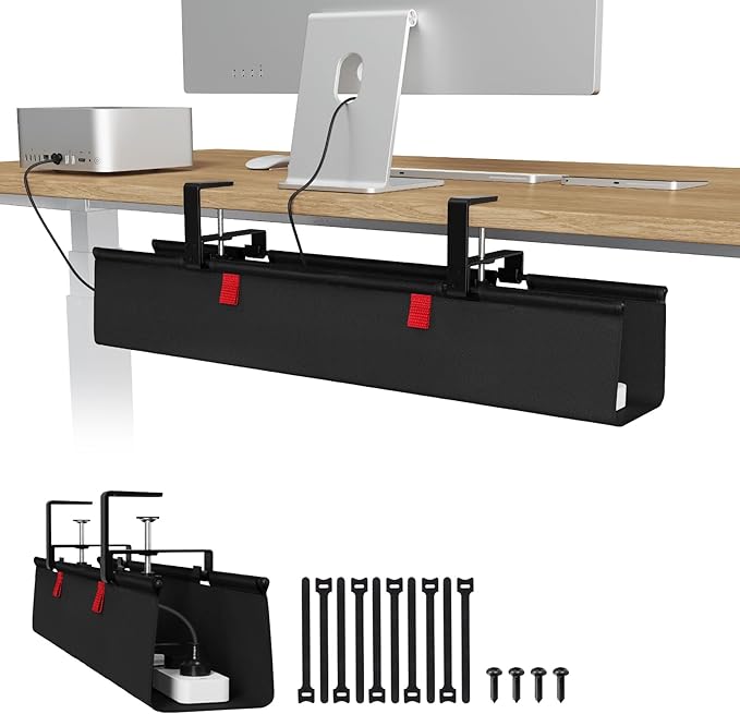 Univivi No Drill Under Desk Cable Management Tray, 28 inch Cable Management | Clamp/Screw Mount Cable Tray under desk, Premium Fabric Cord 0rganizer for Desk, Various Size Cord Organizer for Office, Home