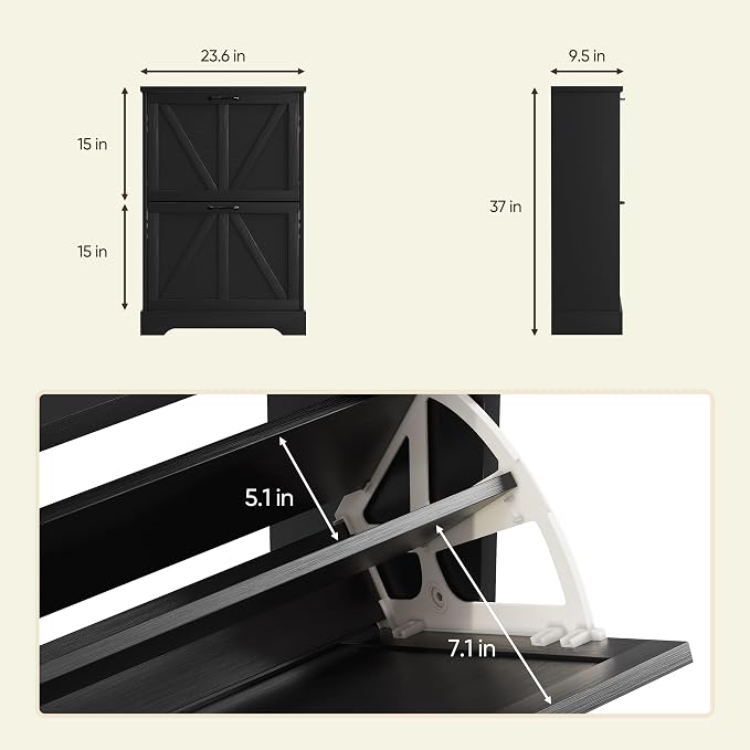 Semiocthome Farmhouse Shoe Storage Cabinet with 2 Flip Drawers, 23.6"(W) Freestanding Shoe Organizer with Barn Door and Metal Handles for Entryway, Corner Rustic Narrow Shoe Rack Cabinet - Black