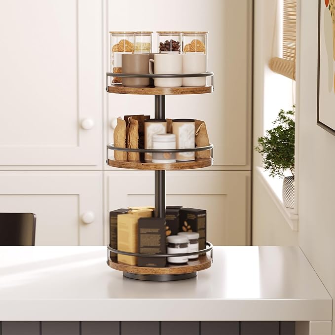 HOOBRO 3-Tier Lazy Susan Organizer, Rotating Spice Rack, Turntable Spice Rack, Vertical Storage Organizer, for Kitchen Countertop, Vanity, Dining Table, Rustic Brown and Black BF09TL01