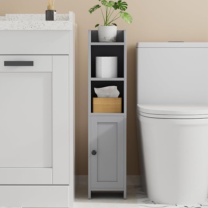 Homhedy Small Bathroom Storage Cabinet, Narrow Toilet Paper Cabinet | Corner Floor Cabinet with Door and Shelves, Slim Bathroom Cabinet for Small Spaces, 7.9" D x 7.1" W x 31" H, Gray