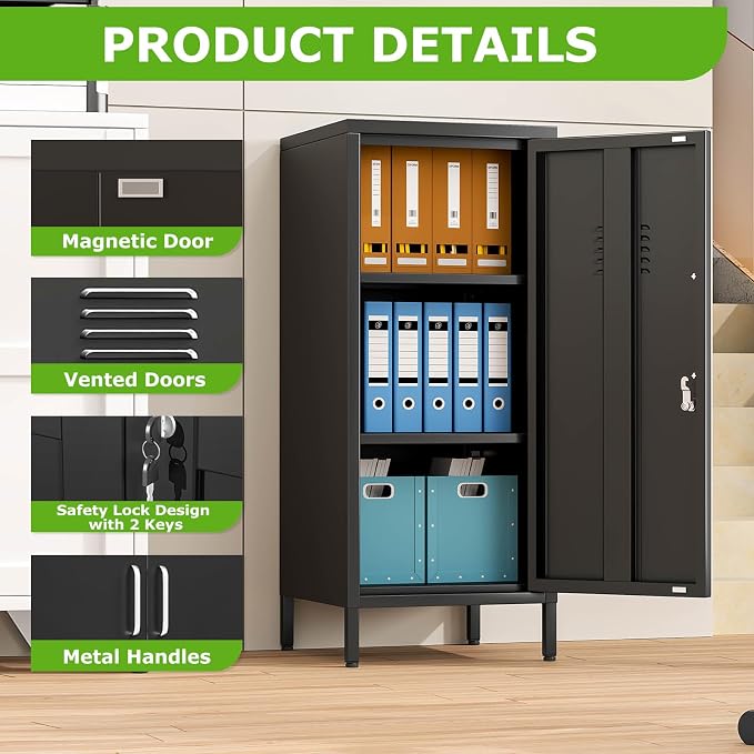PAOFIN 35" Metal Storage Locker, Lockable Employees Metal Locker with Door and Adjustable Shelves, Steel Locker for Home, School, Office, Gym (Black)