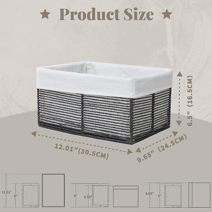 GYASVWU Hand-Woven Paper Rope Storage Baskets,Rectangular Wicker Baskets for Organizing,Decorative Woven Basket for Storage,Shelf Basket for Living Room,Storage Baskets for Pantry (Black - Large)