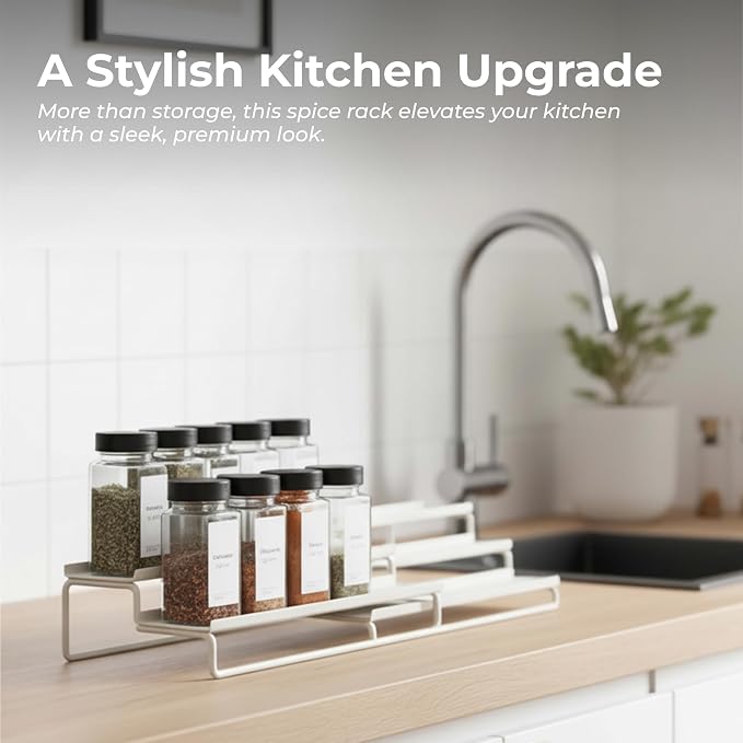 Tiered Spice Rack Organizer – Warm Gray Metal Countertop & Cabinet Spice Stand, Strong & Sturdy 3-Tier Shelf for Kitchen, Pantry, Seasoning Bottles – Minimal Scandinavian Design