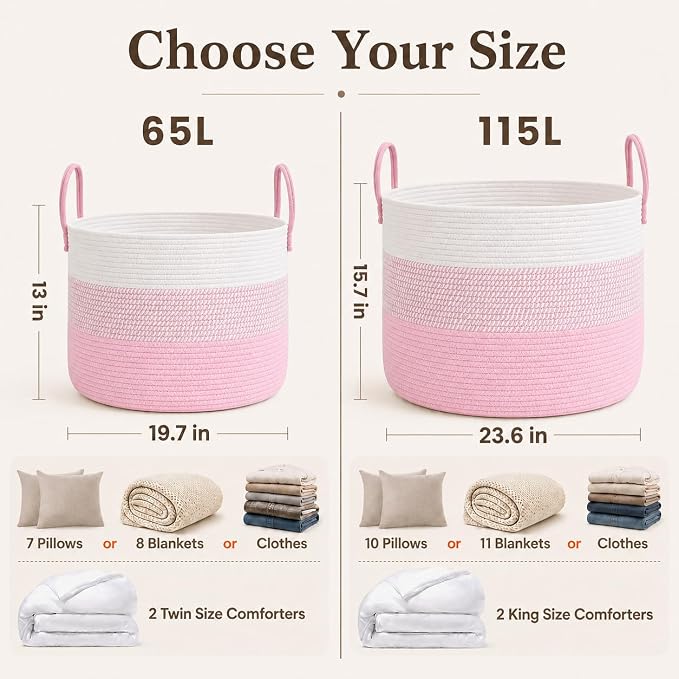 JMvicyroam 65L Extra Large Blanket Basket for Living Room - Woven Cotton Rope Laundry Hamper with Reinforced Handles - Storage Bin for Pillows, Comforters & Toys - Machine Washable,White&Pink Mix