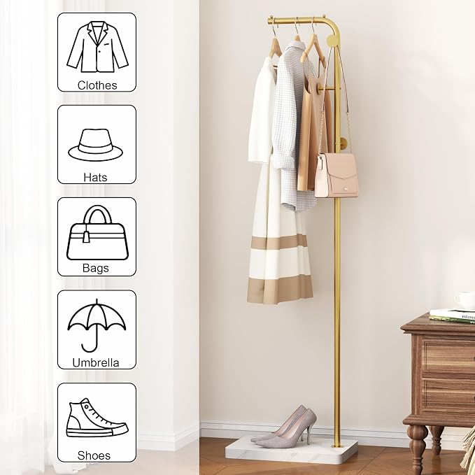 HOMEFORT Metal Coat Rack, Modern Coat Tree with 3 Hooks, L Shaped Coat Hanger Stand, Freestanding Coat Rack for Entryway and Corner, Gold