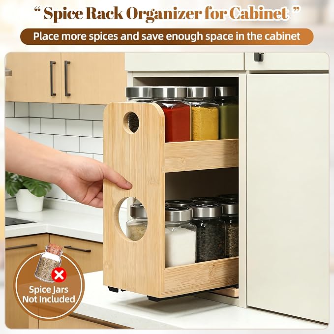Tfro & Cile 2-Tier Pull Out Spice Rack Organizer for Cabinet Kitchen Pantry | Save Vertical Space, Bamboo Material with Aesthetic Design, Easy to Slide Out and Quick to Assemble