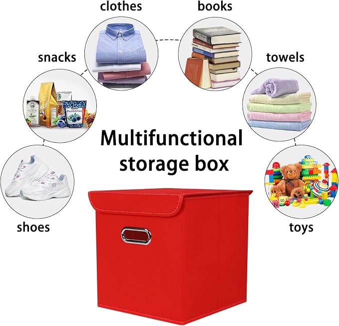 Closet Organizers Fabric Storage Bins With Lids Collapsible Cube Storage Organizer Basket With Handles,Storage Boxes for Clothes Storage,Office,Laundry,Shelves,6 Pack,（Red）