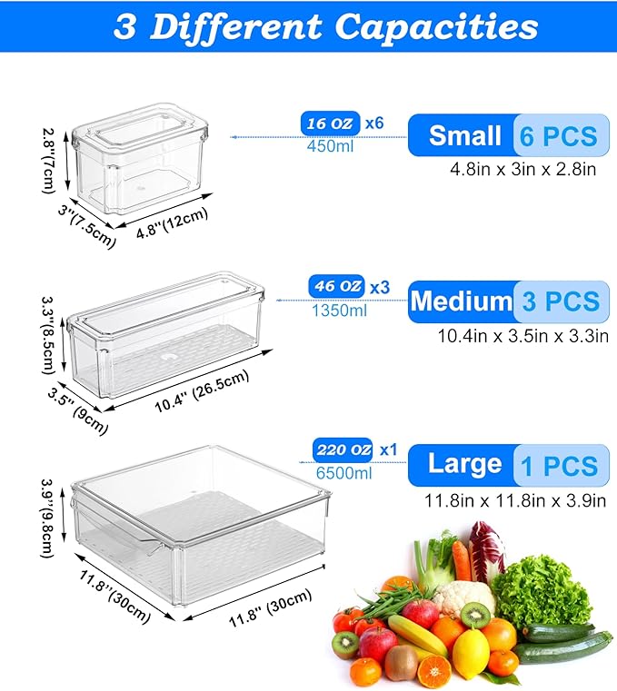 KUMD 10-Pack Clear Fridge Organizer Bins with Lids, Stackable Refrigerator Storage Containers, BPA-Free with Drain Tray & Anti-Slip Base for Fruits, Veggies, Drinks
