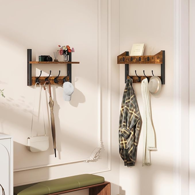 31.5" Coat and Key Rack Wall Mount with Shelf, Rustic Brown, HWS007H-2 | 4-in-1 Coat and Key Hanger with 12 Metal Hooks, Entryway Wall Shelf with Hooks & Mail Holder for Living Room, Bedroom