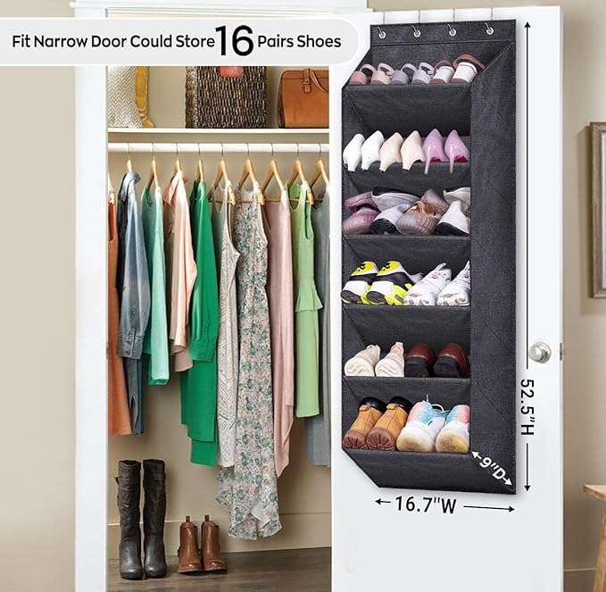 SLEEPING LAMB Over The Door Shoe Organizer for Closet with Large Deep Pockets, Narrow Shoe Rack for Door Hanging Boots Storage, Black
