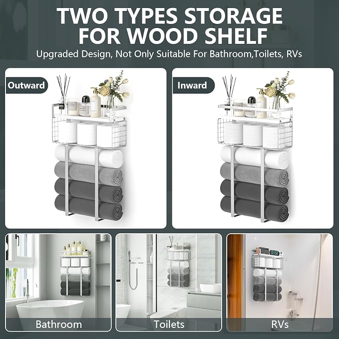 Towel Racks for Bathroom, Bathroom Shelf Over Toilet,Floating Shelves with Towel Rack Paper Holder Storage Basket,Floating Shelves for Wall Decor,Silver