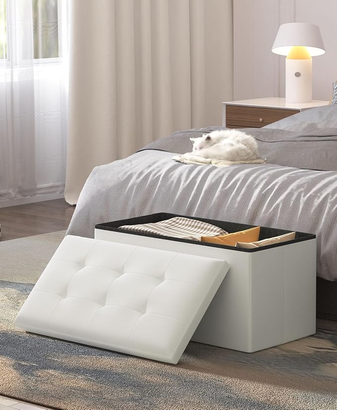 Folding Storage Ottoman Bench, White, 30 Inches | Multi-Functional Ottoman Foot Rest, End of Bed Bench, Storage Chest, Living Room, Bedroom, Hallway, Entryway, 600 lb Capacity