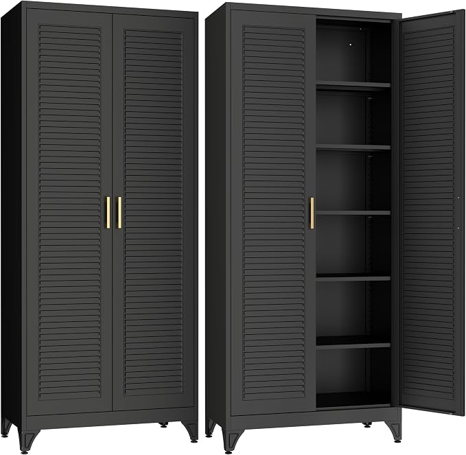 SteeLoong 75" Metal Storage Cabinet with Doors and 5 Adjustable Shelves | Kitchen Pantry Cabinet,Black Tall Freestanding Cupboard with Gold Handle,Steel Garage Cabinets for Tool,Office,Kitchen,School