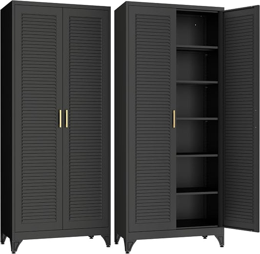 SteeLoong 75" Metal Storage Cabinet with Doors and 5 Adjustable Shelves | Kitchen Pantry Cabinet,Black Tall Freestanding Cupboard with Gold Handle,Steel Garage Cabinets for Tool,Office,Kitchen,School
