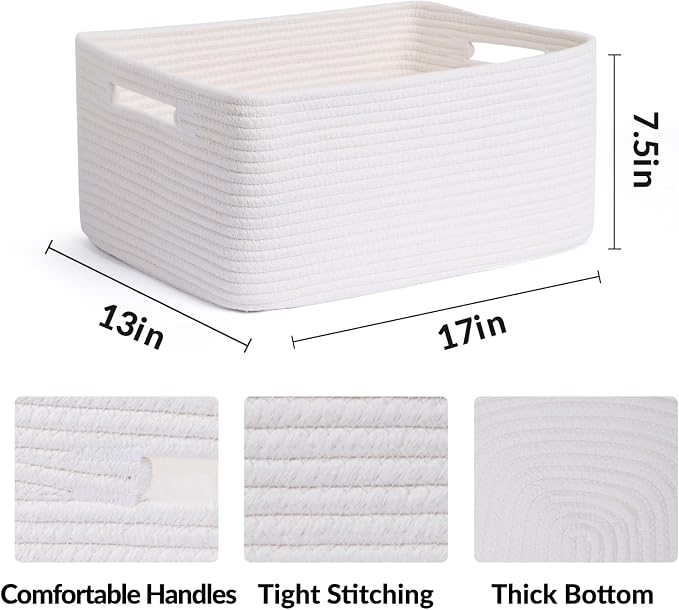 MiniArk Large Storage Baskets for Shelves, 17 x 13 x 7.5” Closet Organizers Bins for Clothes Blanket Towels, Baby Nursery, Toy Baskets Box, Woven Rope Baskets, 3 Packs Off White