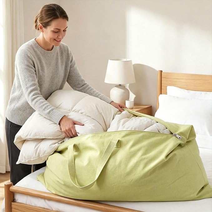 2 Pack Travel Pillow and Blanket Bags, 100% Cotton Canvas Pillow Storage Bag with Handles, Heavy Duty Breathable Organizer for Bedding Linens, Pillow Bag for Traveling(2,Olive Green,20"x36")