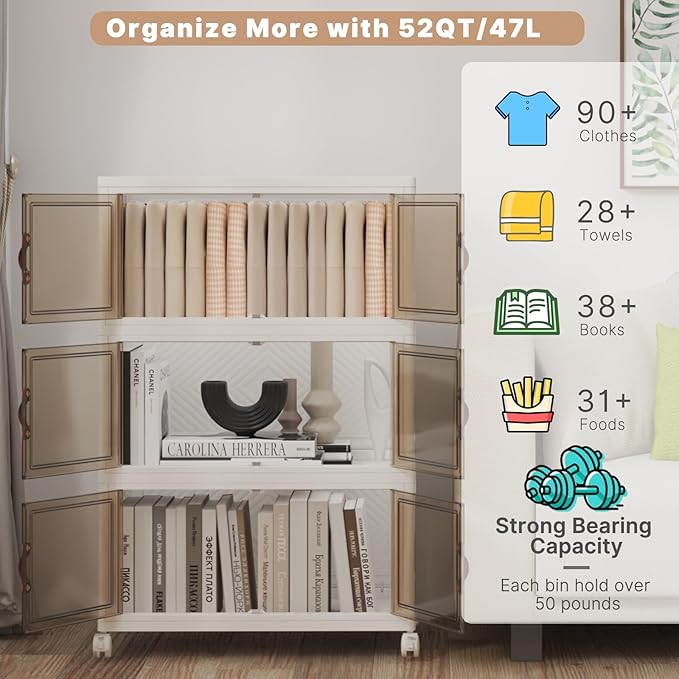 Stackable Storage Bins with Lids, 156QT Closet Organizers and Storage Cabinet with Doors & Wheels, Lockable Plastic Foldable Drawers for Bedroom Dorm Office Garage（52QT*3,White）