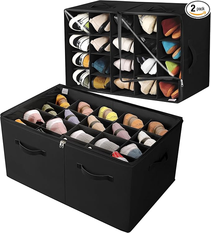 Shoe Organizer for Closet 2 Pack, Foldable Shoe Box with Adjustable Divider and Clear Cover, Space Saving Shoe Storage Organizer Cabinet with Reinforced Handles, Fits 40 Pair, Black, TP11B