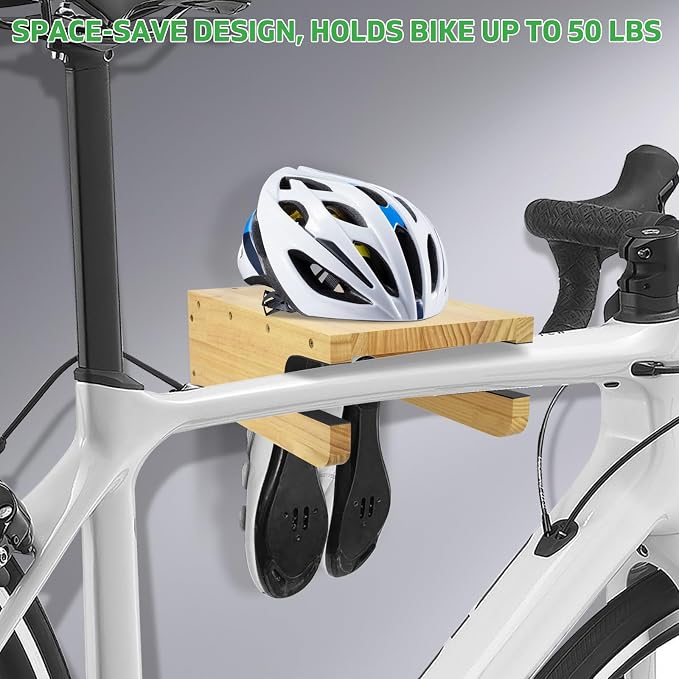 Wooden Bike Wall Mount Rack with Shelf and Hooks, Bike Hanger Wall Mount | Wood Wall Mount Bike Hangers for Garage, Space-Saving Indoor Bike Wall Mount Horizontal Storage Rack for Single Road Bicycle