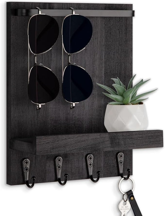 Key Holder Wall Mount, Key Holder for Wall with 4 Hooks, Farmhouse Key Hanger Holds Dog Leash, Sunglasses – Decorative Mail Organizer Home Decor (Black)